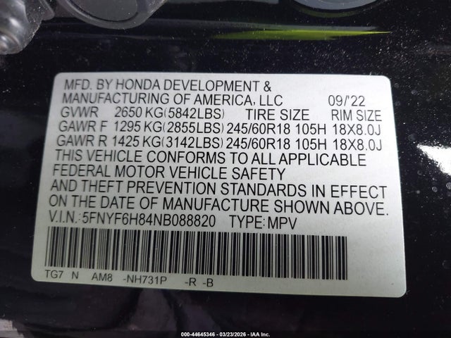 2022 Honda Pilot Awd Trailsport მანქანა იყიდება აუქციონზე, vin: 5FNYF6H84NB088820, აუქციონის ნომერი: 44645346