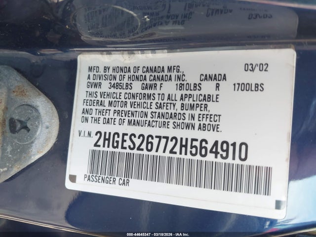 2002 HONDA CIVIC 2HGES26772H564910 Photo 8