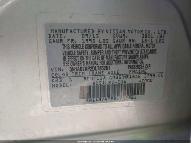 Aukcja sprzedaży 2013 Nissan Sentra Sr, vin: 3N1AB7AP2DL785281, numer aukcji: 44645360