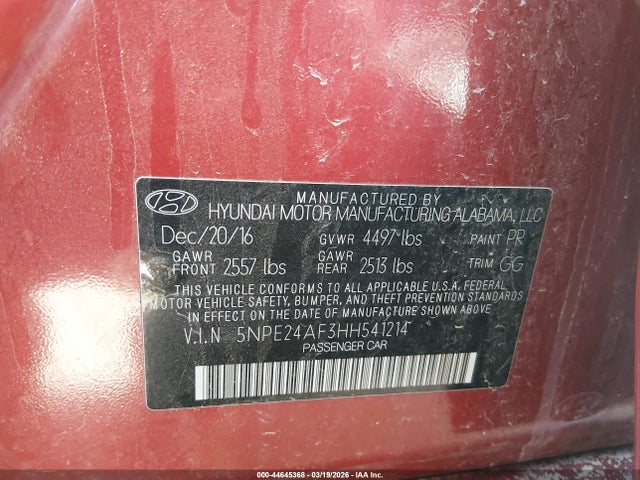 Продаж на аукціоні авто 2017 Hyundai Sonata, vin: 5NPE24AF3HH541214, номер лоту: 44645368