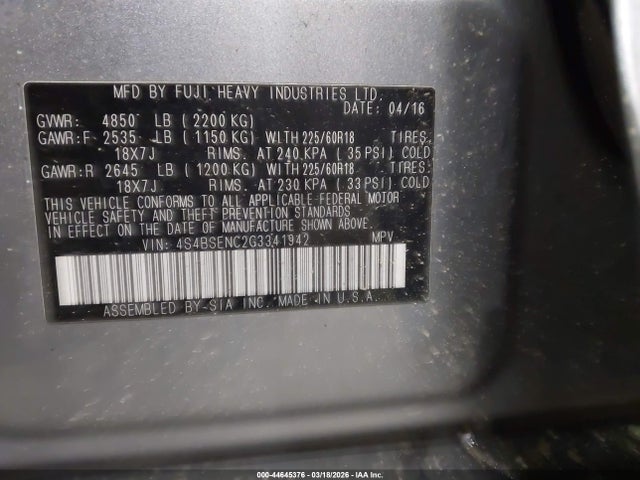 Продажа на аукционе авто 2016 Subaru Outback 3.6r Limited, vin: 4S4BSENC2G3341942, номер лота: 44645376
