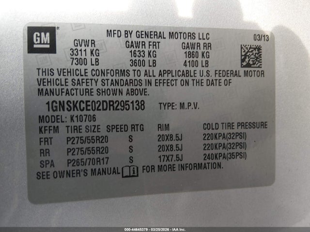 Продаж на аукціоні авто 2013 Chevrolet Tahoe Ltz, vin: 1GNSKCE02DR295138, номер лоту: 44645379