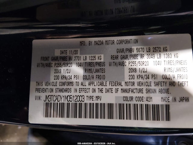 Aukcja sprzedaży 2021 Mazda Cx-9 Grand Touring, vin: JM3TCADY1M0512003, numer aukcji: 44645384