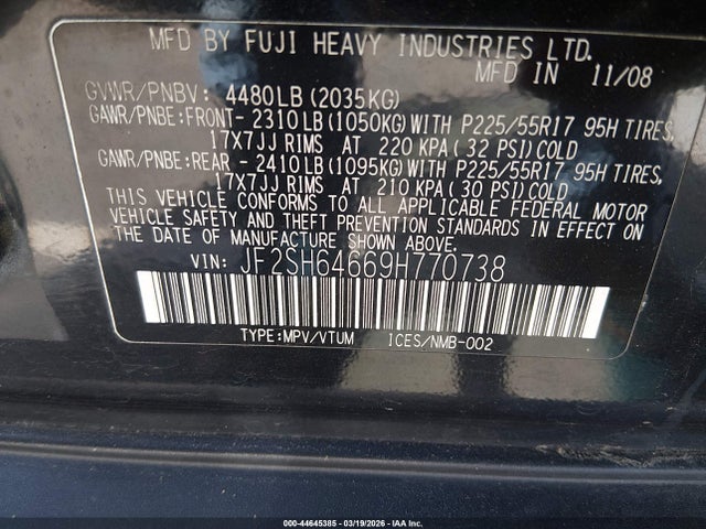 Aukcja sprzedaży 2009 Subaru Forester 2.5x Limited, vin: JF2SH64669H770738, numer aukcji: 44645385