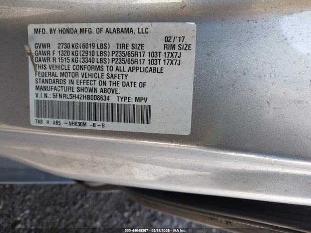 Продаж на аукціоні авто 2017 Honda Odyssey Ex, vin: 5FNRL5H42HB008634, номер лоту: 44645387