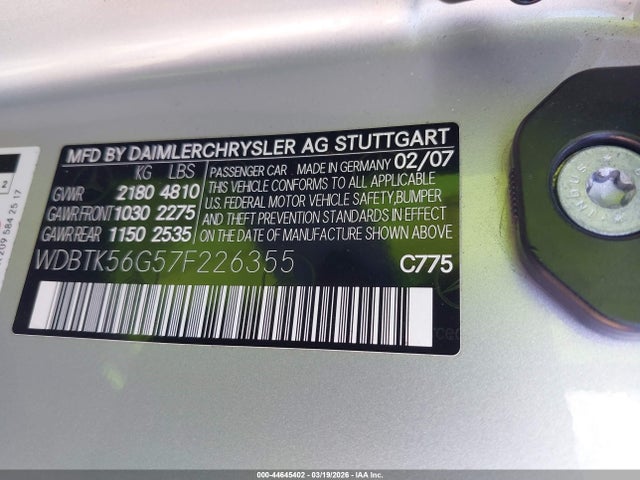 Aukcja sprzedaży 2007 Mercedes-benz Clk 350, vin: WDBTK56G57F226355, numer aukcji: 44645402