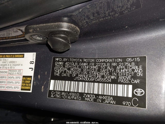 Aukcja sprzedaży 2015 Toyota Prius Two, vin: JTDKN3DU6F0455534, numer aukcji: 44645415
