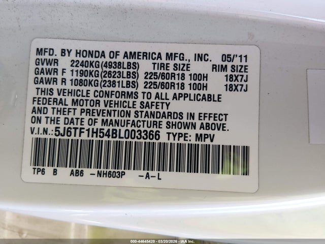 Auction sale of the 2011 Honda Accord Crosstour Ex-l, vin: 5J6TF1H54BL003366, lot number: 44645420