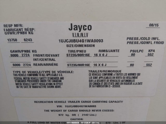 2016 Jayco Other მანქანა იყიდება აუქციონზე, vin: 1UJCJ0BU4G1WA0093, აუქციონის ნომერი: 44645435