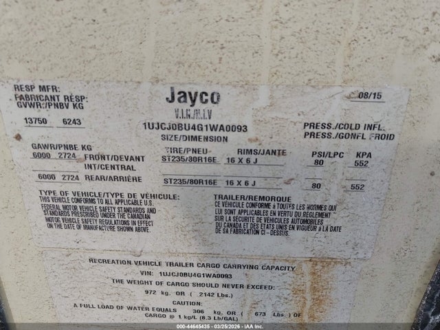 2016 Jayco Other მანქანა იყიდება აუქციონზე, vin: 1UJCJ0BU4G1WA0093, აუქციონის ნომერი: 44645435