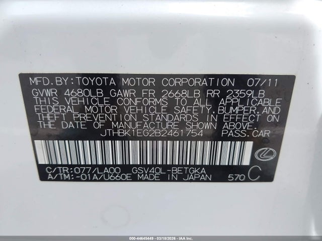 44645449 :رقم المزاد ، JTHBK1EG2B2461754 vin ، 2011 Lexus Es 350 مزاد بيع