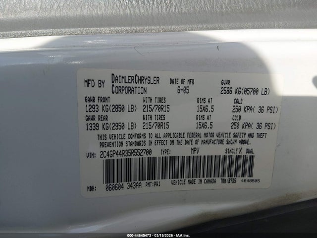 44645473 :رقم المزاد ، 2C4GP44R35R552700 vin ، 2005 Chrysler Town & Country Lx مزاد بيع