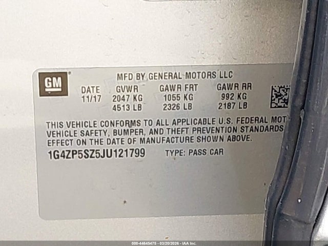 Aukcja sprzedaży 2018 Buick Lacrosse Essence, vin: 1G4ZP5SZ5JU121799, numer aukcji: 44645475