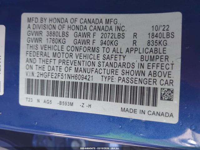 2HGFE2F51NH609421 Honda Civic Sport