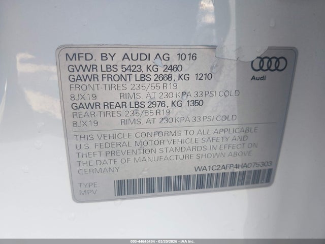 2017 Audi Q5 2.0t Premium მანქანა იყიდება აუქციონზე, vin: WA1C2AFP4HA075303, აუქციონის ნომერი: 44645494