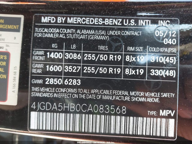 Aukcja sprzedaży 2012 Mercedes-benz Ml 350 4matic, vin: 4JGDA5HB0CA083568, numer aukcji: 44645522