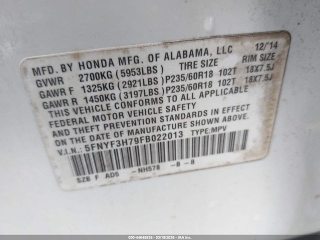 Honda Pilot Ex-l 2015 5FNYF3H79FB022013 Image 9
