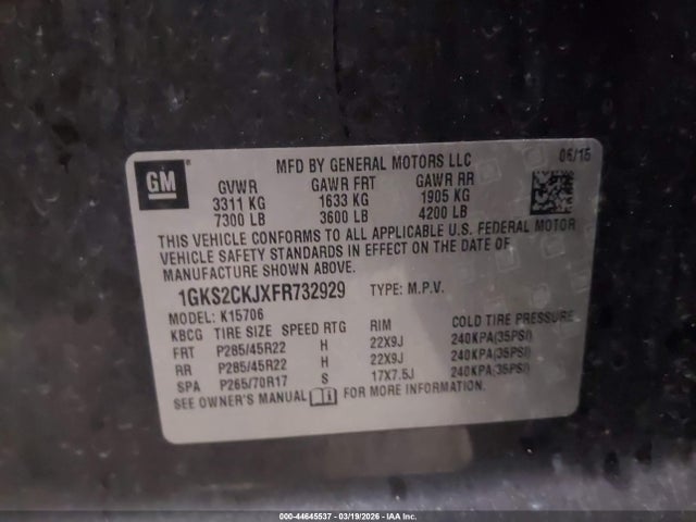 Продаж на аукціоні авто 2015 Gmc Yukon Denali, vin: 1GKS2CKJXFR732929, номер лоту: 44645537