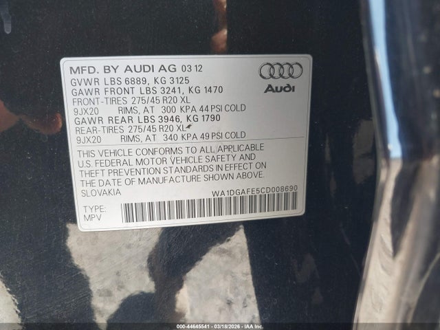 Продажа на аукционе авто 2012 Audi Q7 3.0t S Line Prestige, vin: WA1DGAFE5CD008690, номер лота: 44645541
