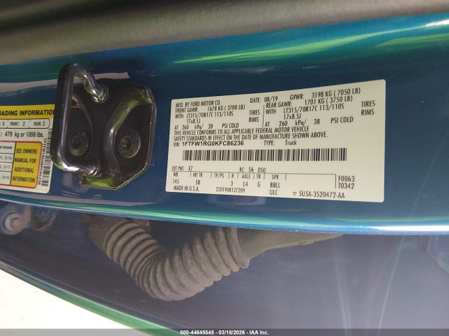 44645545 :رقم المزاد ، 1FTFW1RG0KFC86236 vin ، 2019 Ford F-150 Raptor مزاد بيع