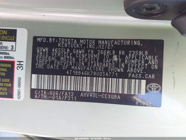 2008 TOYOTA CAMRY HYBRID 4T1BB46K78U054771 Photo 8