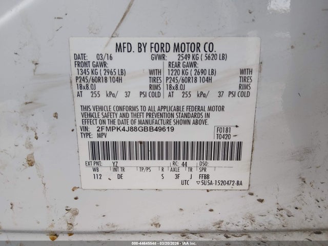 2016 Ford Edge Sel მანქანა იყიდება აუქციონზე, vin: 2FMPK4J88GBB49619, აუქციონის ნომერი: 44645548