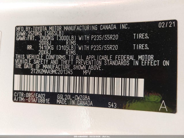 Продажа на аукционе авто 2021 Lexus Rx 350, vin: 2T2HZMAA9MC201345, номер лота: 44645550
