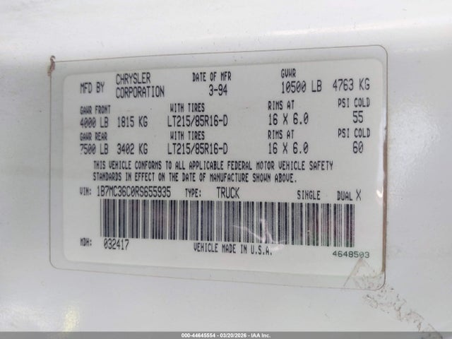 1994 Dodge Ram 3500 მანქანა იყიდება აუქციონზე, vin: 1B7MC36C0RS655935, აუქციონის ნომერი: 44645554
