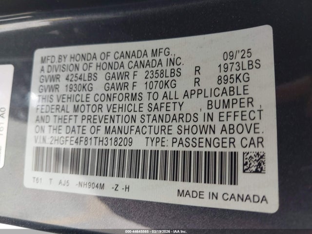2026 Honda Civic Hybrid Sport/sport Touring მანქანა იყიდება აუქციონზე, vin: 2HGFE4F81TH318209, აუქციონის ნომერი: 44645565
