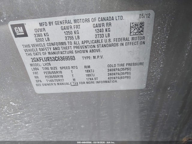 44645566 :رقم المزاد ، 2GKFLUE53C6369593 vin ، 2012 Gmc Terrain Slt-1 مزاد بيع