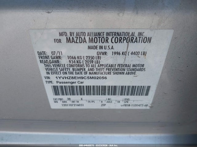 2012 Mazda Mazda6 I Touring Plus მანქანა იყიდება აუქციონზე, vin: 1YVHZ8EH9C5M02056, აუქციონის ნომერი: 44645570