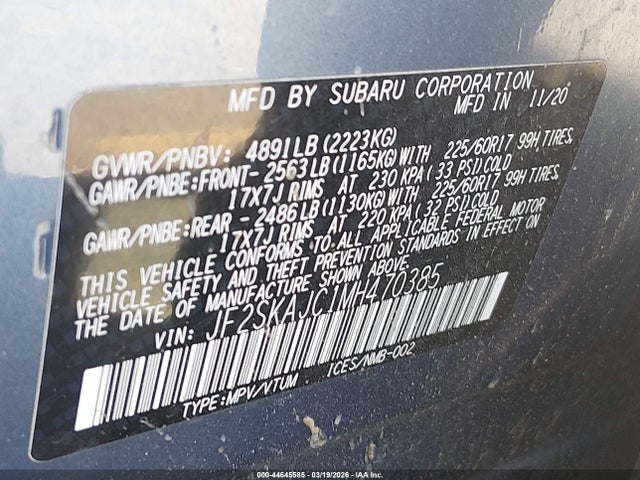 Продаж на аукціоні авто 2021 Subaru Forester Premium, vin: JF2SKAJC1MH470385, номер лоту: 44645585