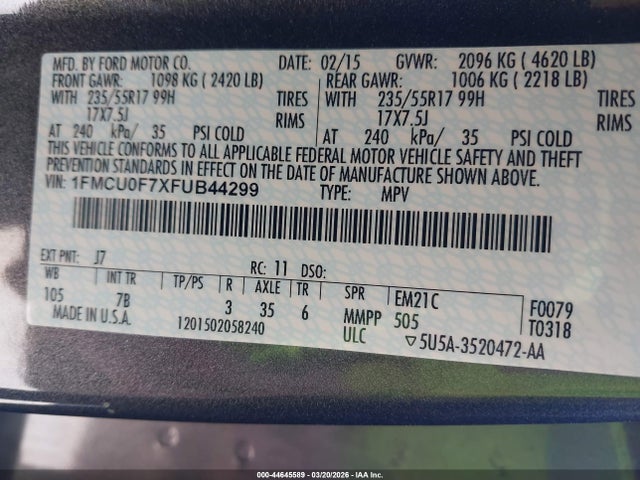 Ford ESCAPE S 2015 1FMCU0F7XFUB44299 Image 9