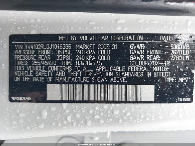 Aukcja sprzedaży 2018 Volvo Xc60 T5 Inscription, vin: YV4102RL0J1046336, numer aukcji: 44645605