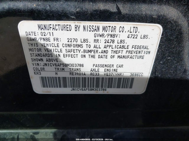 44645608 :رقم المزاد ، JN1CV6AP5BM303786 vin ، 2011 Infiniti G37 Journey مزاد بيع