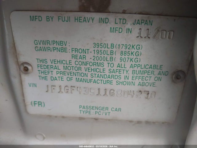 Продажа на аукционе авто 2001 Subaru Impreza L, vin: JF1GF43511G804270, номер лота: 44645632