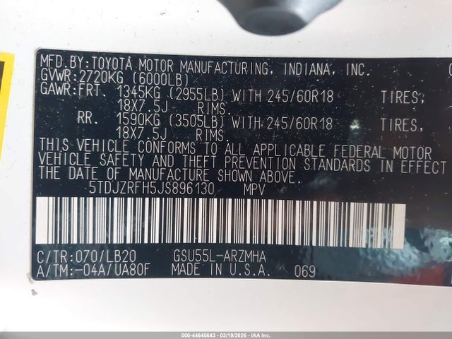 44645643 :رقم المزاد ، 5TDJZRFH5JS896130 vin ، 2018 Toyota Highlander Xle مزاد بيع