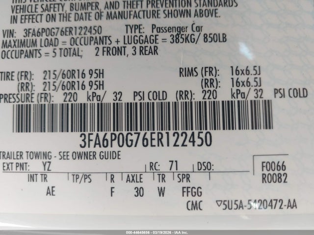 Ford FUSION S 2014 3FA6P0G76ER122450 Image 9