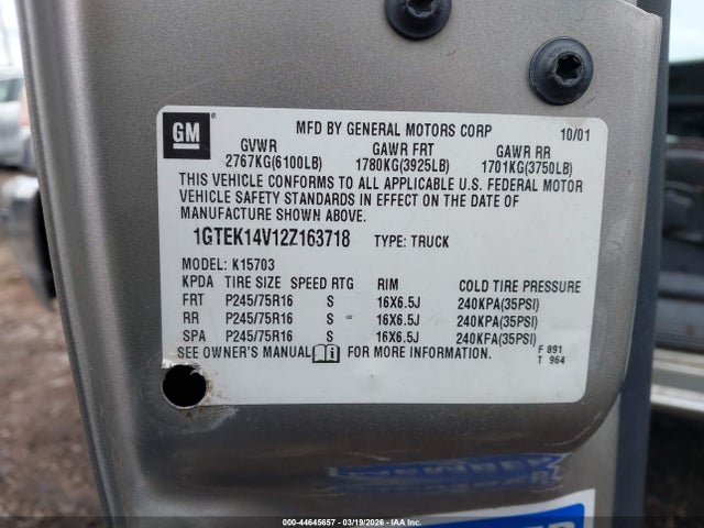 Auction sale of the 2002 Gmc Sierra 1500 Sle, vin: 1GTEK14V12Z163718, lot number: 44645657