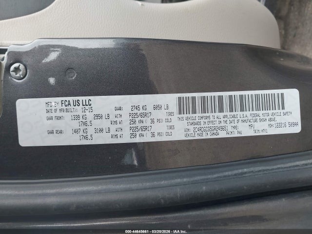 Продаж на аукціоні авто 2016 Dodge Grand Caravan Sxt, vin: 2C4RDGCG5GR249651, номер лоту: 44645661