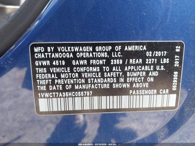 44645685 :رقم المزاد ، 1VWCT7A35HC055797 vin ، 2017 Volkswagen Passat 1.8t Sel Premium مزاد بيع