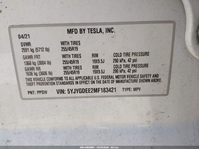 Продаж на аукціоні авто 2021 Tesla Model Y Long Range Dual Motor All-wheel Drive, vin: 5YJYGDEE2MF183421, номер лоту: 44645691