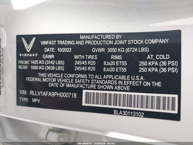 44645707 :رقم المزاد ، RLLV1AFA9PH000718 vin ، 2023 Vinfast Vf 8 Plus مزاد بيع