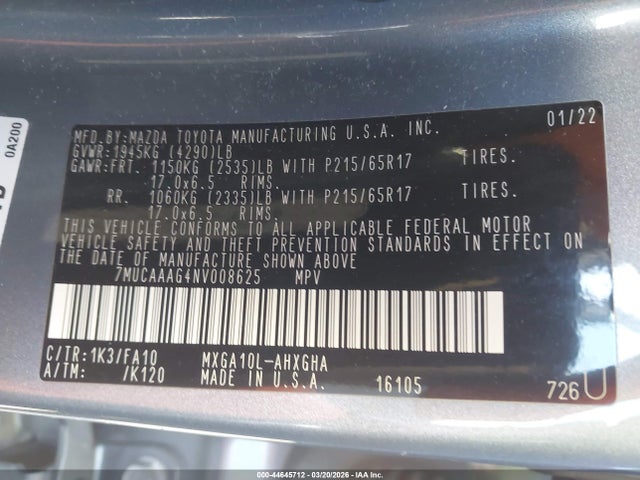 44645712 :رقم المزاد ، 7MUCAAAG4NV008625 vin ، 2022 Toyota Corolla Cross Le مزاد بيع