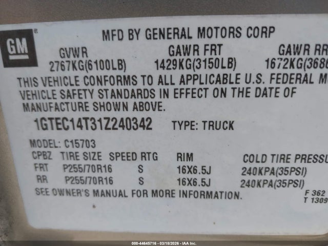 Продажа на аукционе авто 2001 Gmc Sierra 1500 Sle, vin: 1GTEC14T31Z240342, номер лота: 44645716