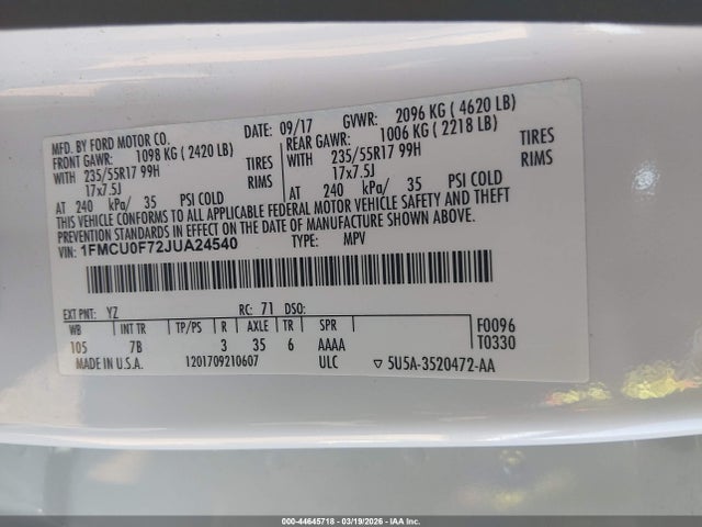 Ford ESCAPE S 2018 1FMCU0F72JUA24540 Image 9