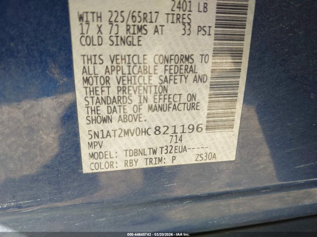 2017 Nissan Rogue Sv მანქანა იყიდება აუქციონზე, vin: 5N1AT2MV0HC821196, აუქციონის ნომერი: 44645742