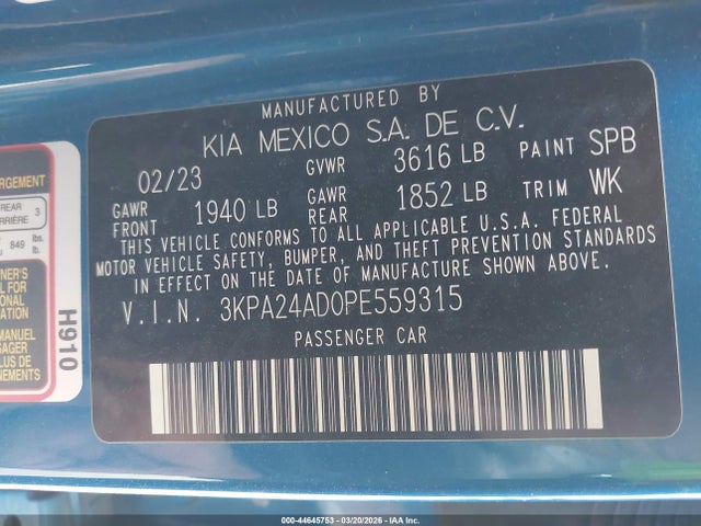 Продаж на аукціоні авто 2023 Kia Rio S, vin: 3KPA24AD0PE559315, номер лоту: 44645753