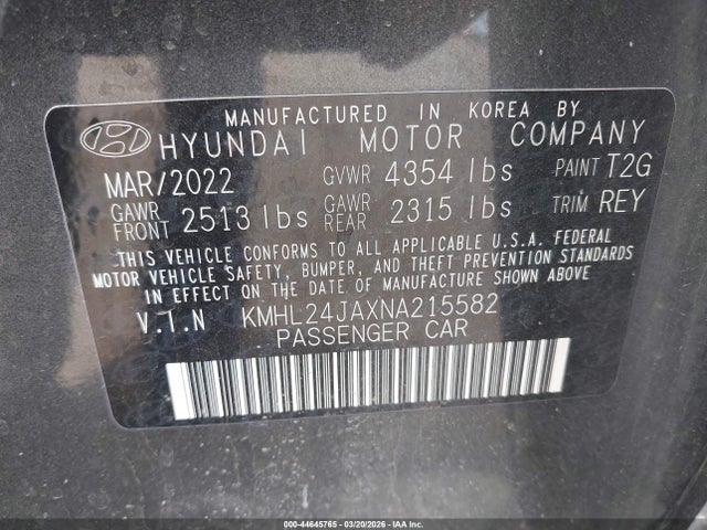 Aukcja sprzedaży 2022 Hyundai Sonata Se, vin: KMHL24JAXNA215582, numer aukcji: 44645765