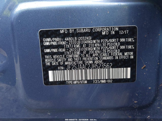 Aukcja sprzedaży 2018 Subaru Forester 2.5i, vin: JF2SJAAC2JH523562, numer aukcji: 44645770